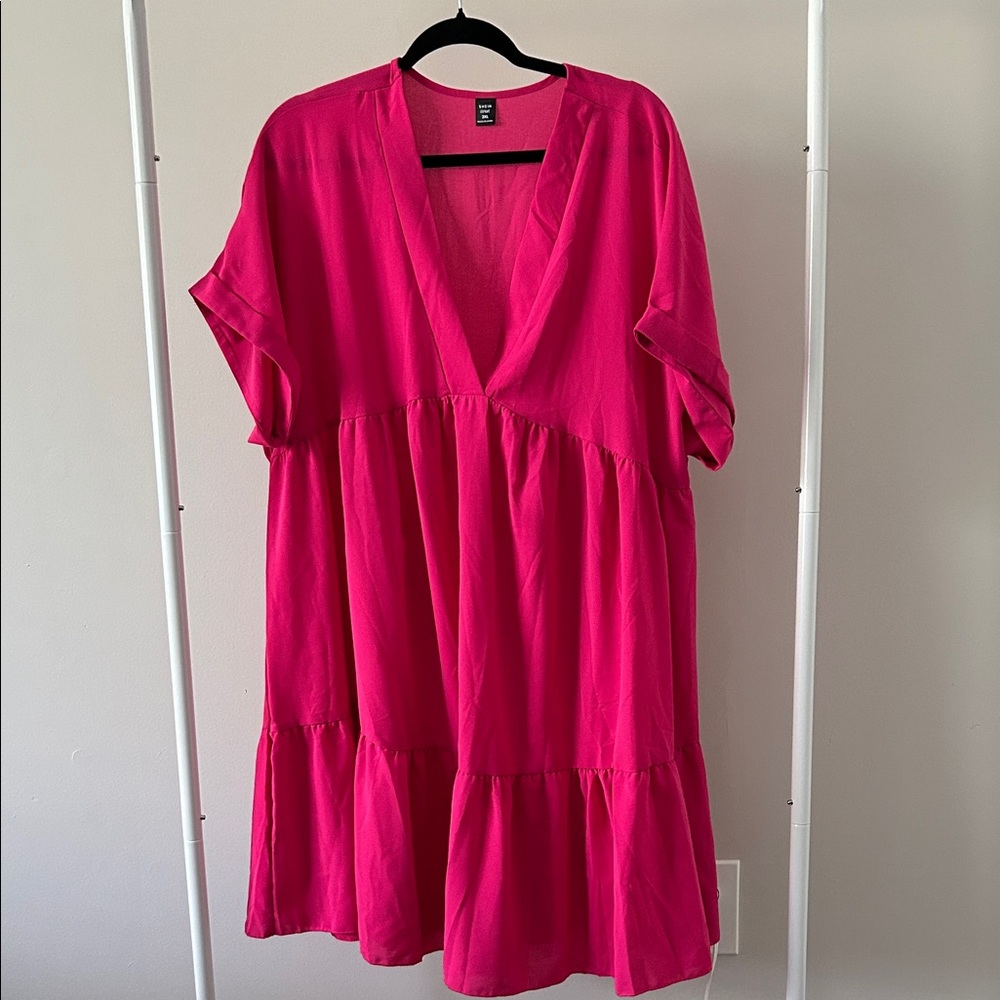 SHEIN Fuchsia V-Neck Tiered Mini Dress